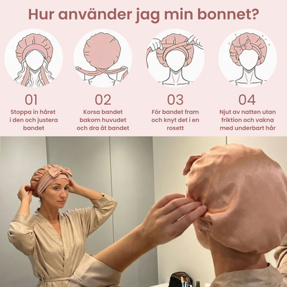 Lunas sidenbonnet – skyddar mot slitage och hårbrott. I mullbärssiden.