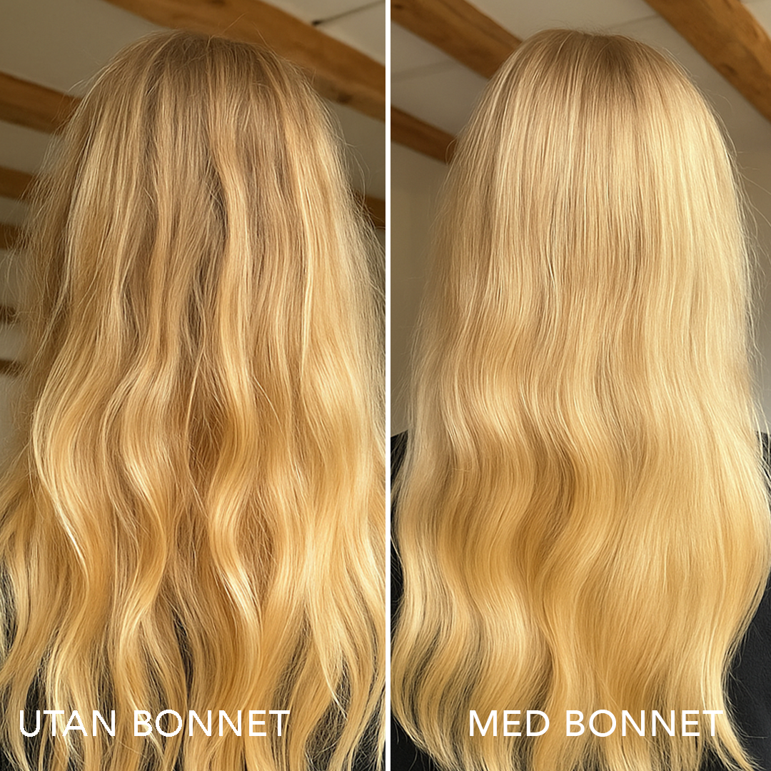 Blont hår före och efter användning av Luna & Co där man ser resultat. Overnight Hair Bonnet – mindre frizz, bevarad glans och friskare hår.