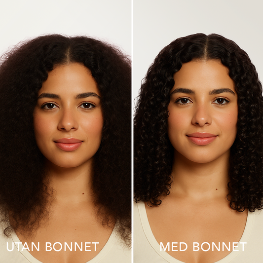 Mörkt krulligt hår före och efter att ha använt Luna & Co. Overnight Hair Bonnet – minskar frizz och skyddar håret under natten.